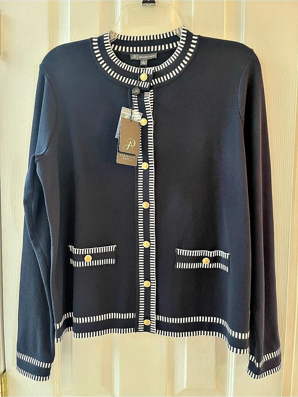 Adrianna Papell Textured Knit Striped Cardigan Sweater Blue & White Medium